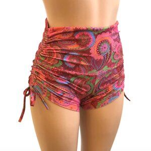 Red Pink Paisley Hot Yoga Short Swim Fitness -High Waist Short- Made in USA NEW